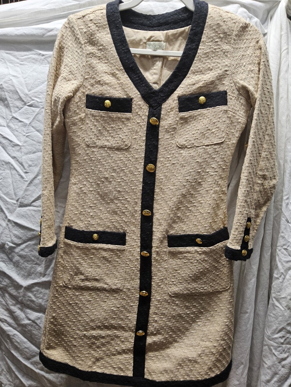 Spartina 449 Maggie Tweed Dress Sand with Black Trim & Gold Buttons NWT